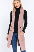 Sleeveless Notched Collar Long Sweater Vest: Pnk-Heather Pink / S