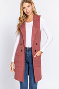 Sleeveless Notched Collar Long Sweater Vest: Pnk-Heather Pink / S