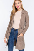 Long Sleeve Notched Collar Sweater Jacket: Kha-Heather Khaki / L