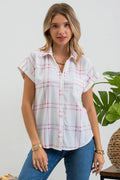 PLAID SHORT FOLD SLEEVE BUTTON DOWN SHIRT: BLUE