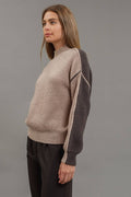 COLORBLOCK MOCK NECK EXPOSED SEAM KNIT SWEATER: MOCHA