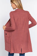 Long Sleeve Notched Collar Sweater Jacket: Kha-Heather Khaki / L