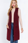 Sleeveless Notched Collar Long Sweater Vest: Pnk-Heather Pink / S