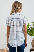 PLAID SHORT FOLD SLEEVE BUTTON DOWN SHIRT: BLUE