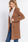 Long Sleeve Notched Collar Sweater Jacket: Kha-Heather Khaki / L