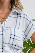 PLAID SHORT FOLD SLEEVE BUTTON DOWN SHIRT: BLUE