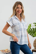 PLAID SHORT FOLD SLEEVE BUTTON DOWN SHIRT: BLUE