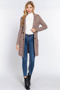 Long Sleeve Notched Collar Sweater Jacket: Kha-Heather Khaki / L