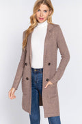 Long Sleeve Notched Collar Sweater Jacket: Kha-Heather Khaki / L