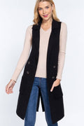 Sleeveless Notched Collar Long Sweater Vest: Pnk-Heather Pink / S