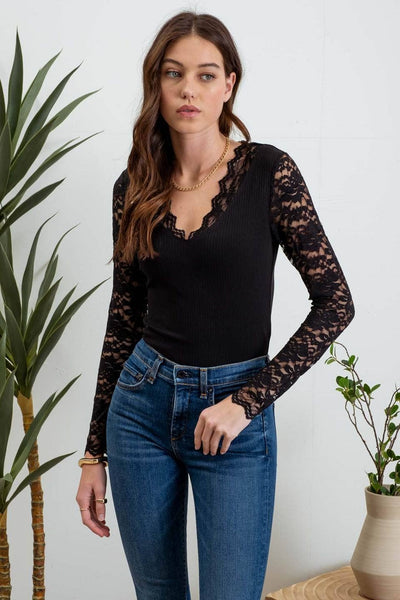 LACE TRIM V NECK LONG SLEEVE KNIT TOP: BLACK