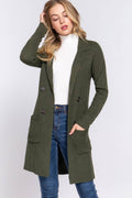 Long Sleeve Notched Collar Sweater Jacket: Kha-Heather Khaki / L