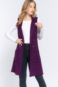 Sleeveless Notched Collar Long Sweater Vest: Pnk-Heather Pink / S