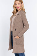 Long Sleeve Notched Collar Sweater Jacket: Kha-Heather Khaki / L