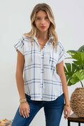 PLAID SHORT FOLD SLEEVE BUTTON DOWN SHIRT: BLUE