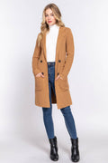 Long Sleeve Notched Collar Sweater Jacket: Kha-Heather Khaki / L