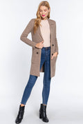 Long Sleeve Notched Collar Sweater Jacket: Kha-Heather Khaki / L