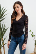 LACE TRIM V NECK LONG SLEEVE KNIT TOP: BLACK