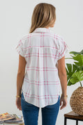 PLAID SHORT FOLD SLEEVE BUTTON DOWN SHIRT: BLUE