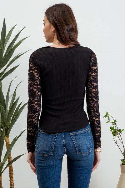 LACE TRIM V NECK LONG SLEEVE KNIT TOP: BLACK