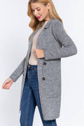 Long Sleeve Notched Collar Sweater Jacket: Kha-Heather Khaki / L