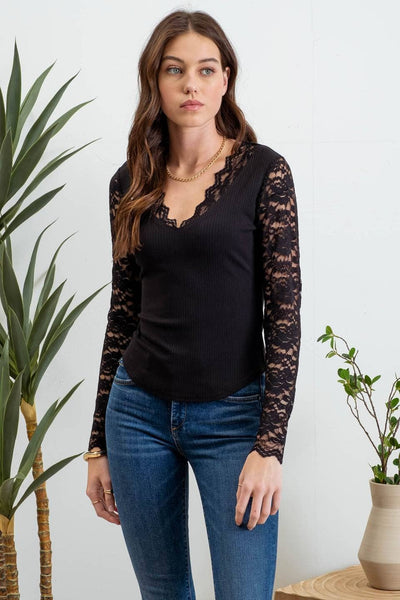 LACE TRIM V NECK LONG SLEEVE KNIT TOP: BLACK