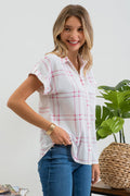 PLAID SHORT FOLD SLEEVE BUTTON DOWN SHIRT: BLUE