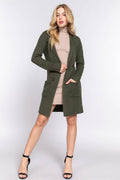 Long Sleeve Notched Collar Sweater Jacket: Kha-Heather Khaki / L