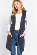 Sleeveless Notched Collar Long Sweater Vest: Pnk-Heather Pink / S