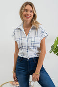 PLAID SHORT FOLD SLEEVE BUTTON DOWN SHIRT: BLUE